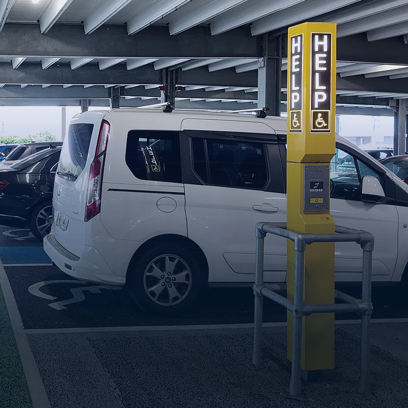 Airport car park with emergency call and info point for assistance and safety